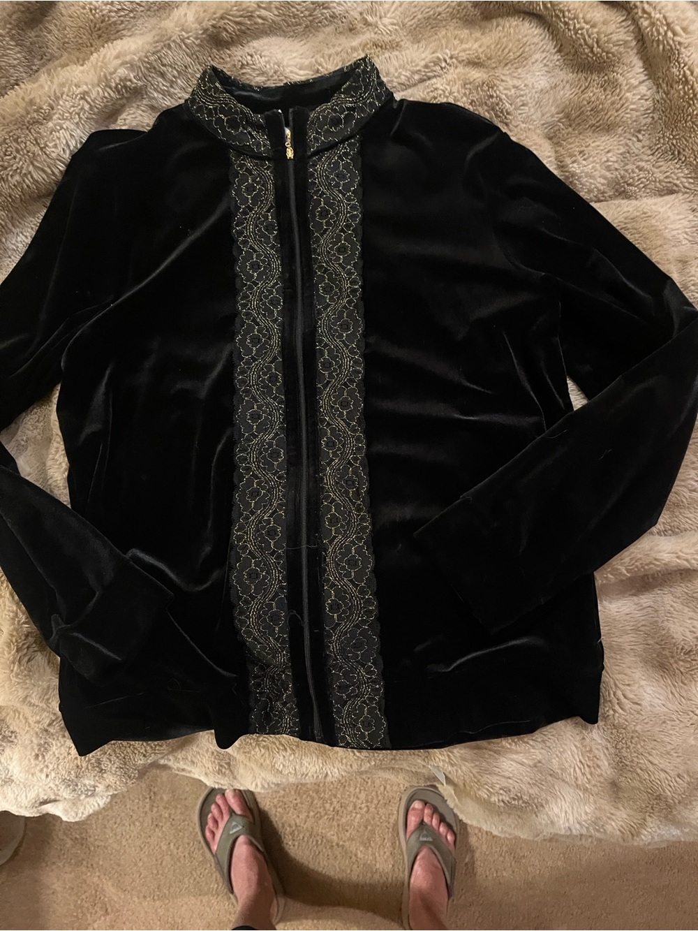 Jaclyn Smith Black Velvet Bomber Jacket with Gold Lace Trim